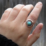 Campitos turquoise and sterling silver ring with copper shadowbox on hand