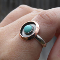 Campitos turquoise and sterling silver ring with copper shadowbox on hand