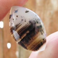 Large Montana agate cabochon held up to the light