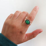 Size 9 Chrysoprase and sterling silver shadbow ring on hand